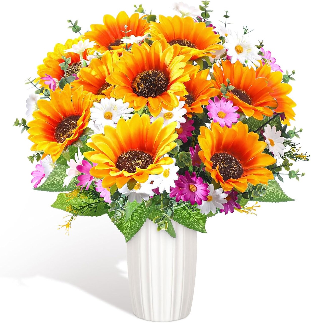 2 Bundles Spring Memorial Cemetery Flowers – 16.93” Artificial Sunflower, Daisy & Eucalyptus Bouquet for Grave and Headstone Decorations